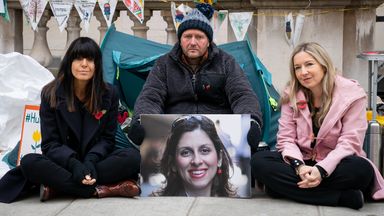 Claudia Winkleman and Victoria Coren Mitchell as they meet and talk to Richard Ratcliffe, the husband of Iranian detainee Nazanin Zaghari-Ratcliffe, outside the Foreign Office in London, during his continued hunger strike following his wife losing her latest appeal in Iran. Picture date: Monday November 8, 2021.  